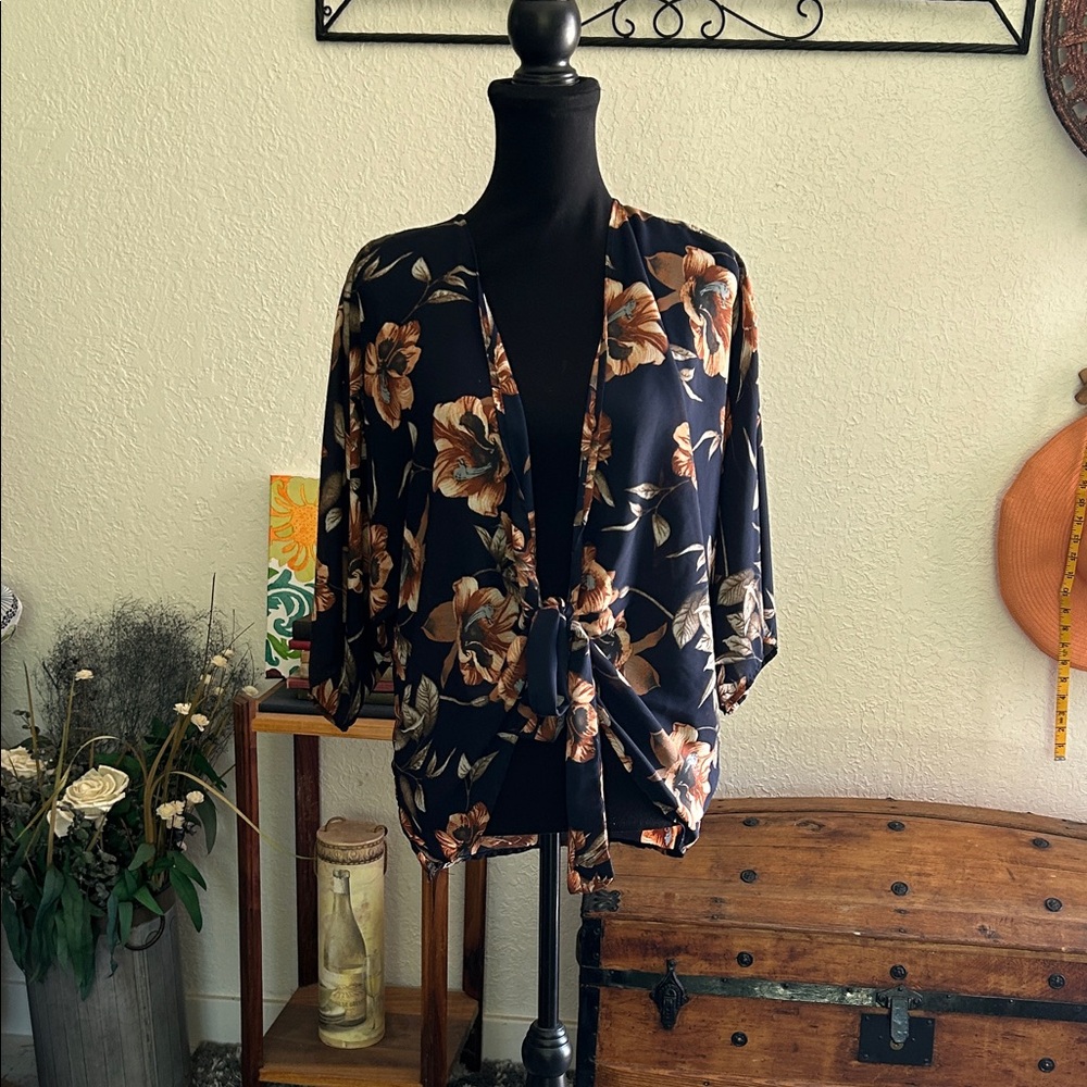 West Kei Navy and Orange Floral Wrap | Size Small